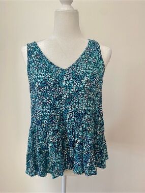 LOFT Blue Floral Tiered Peplum V Neck Sleeveless Blouse Tank